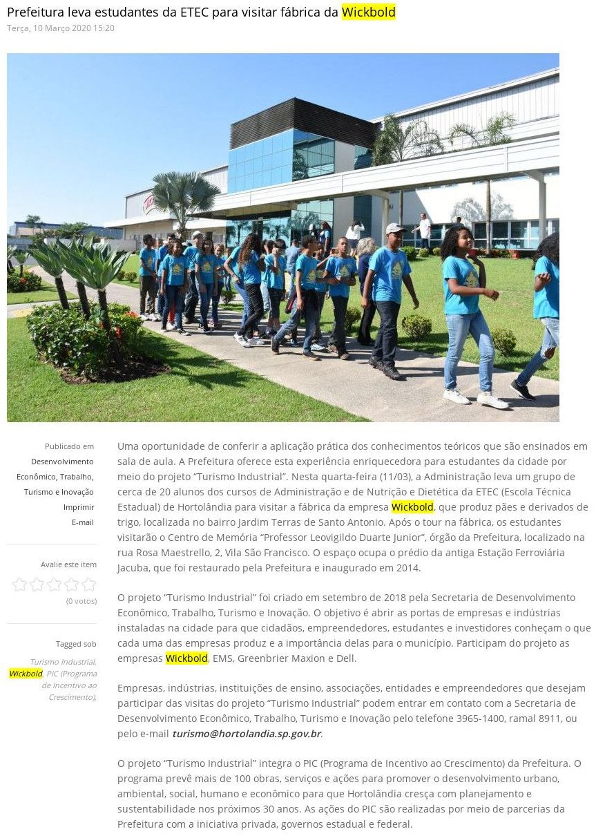 Prefeitura leva estudantes da ETEC para visitar fábrica da Wickbold- Hortolandia (Início) 