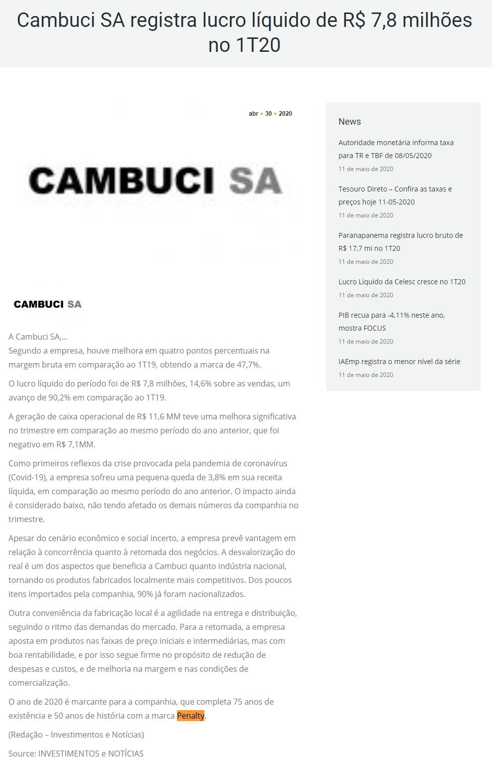 Cambuci SA registra lucro líquido de R$ 7,8 milhões no 1T20 Criteria Seguros