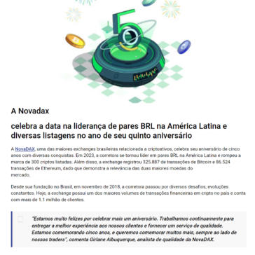 NovaDAX comemora aniversário de 5 anos com mais de 300 mil transações de BTC em 2023 – WeBiticoin