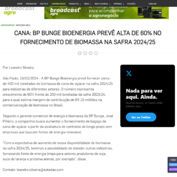 Cana: BP Bunge Bioenergia prevê alta de 60% no fornecimento de biomassa na safra 2024/25 – Agência Estado – Broadcast | Cadernos