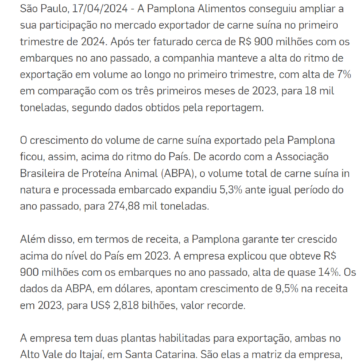 Alimentos: Pamplona amplia exportação de carne suína em  7% no 1ºTRI/24, acima dos 5,3% do setor | Sala de Imprensa